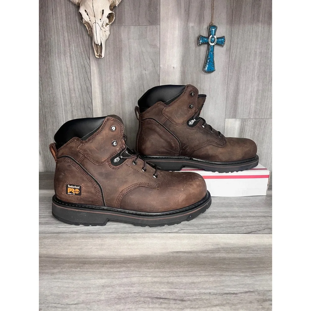Timberland PRO Work Boots Men 12M Brown Steel Toe Leather Pit Boss 6 Inch